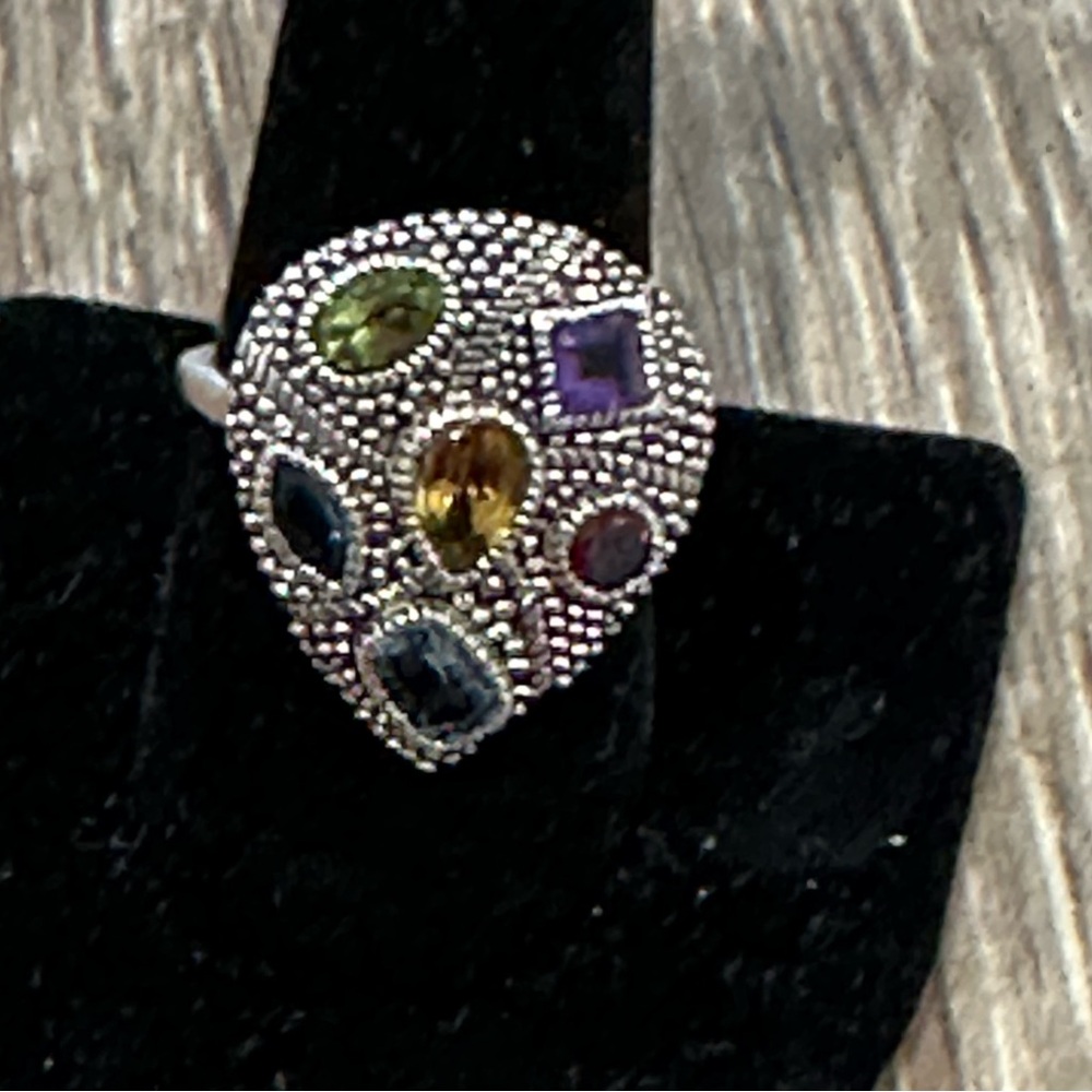 Sterling Silver Tear Drop Shape Multi-Stone Silver Ring, Size 9